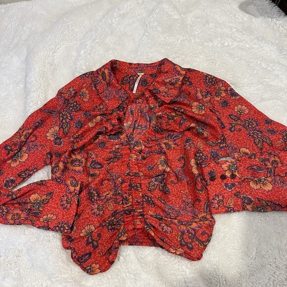 Free People Tops - Free People Womens Sz M Floral Long Sleeve Orange Boho Indie Resort Core Summer